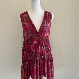 Free People Tunic Top Women's Hummingbird Red SZM Floral Tiered Boho Festival